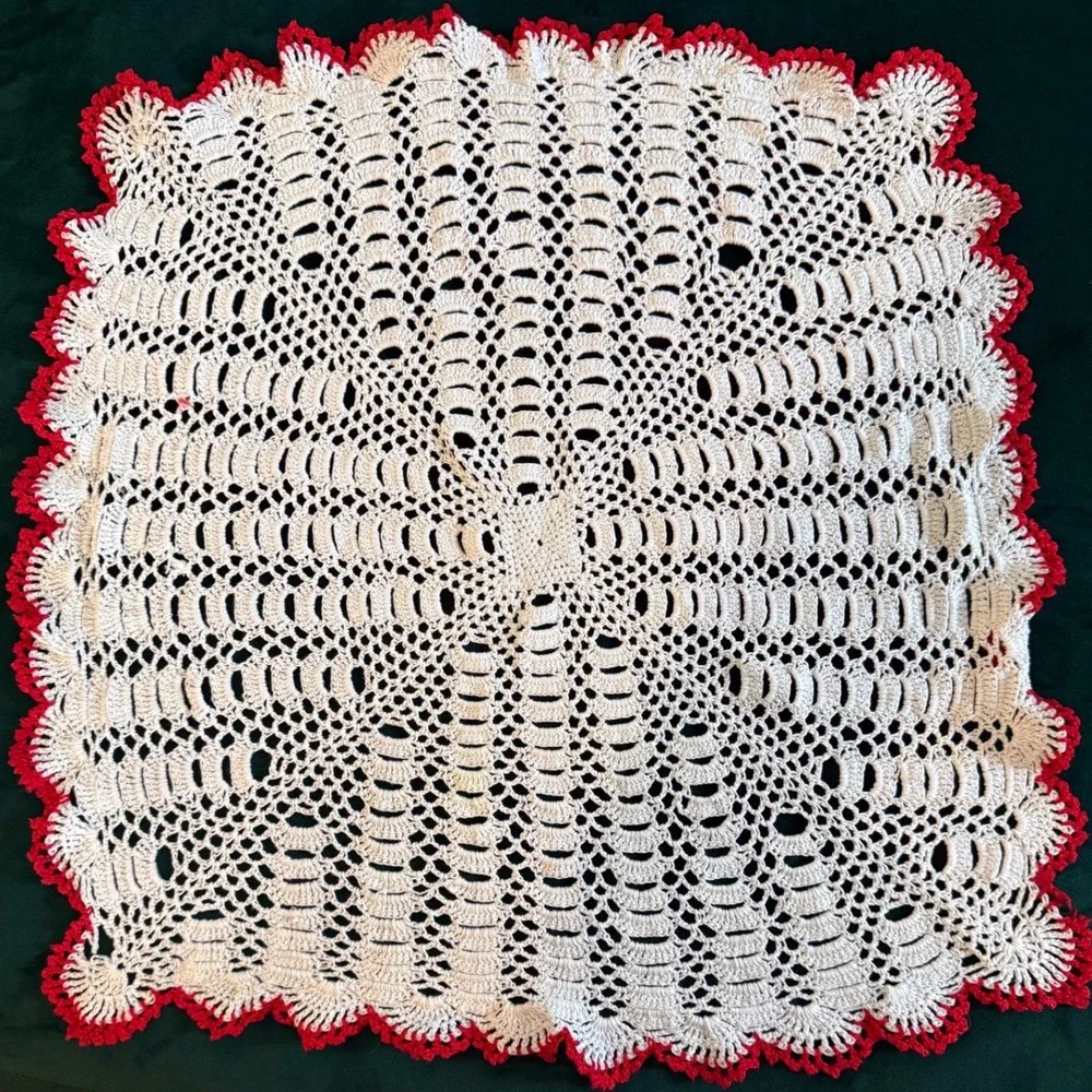 Vintage Handmade Crochet Lace Doily White with Red Scalloped Edge Square 18 Inch
